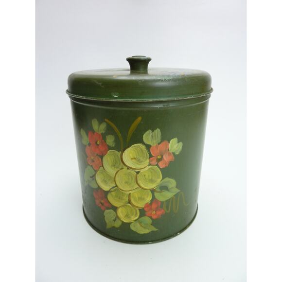 Vintage Boho Hand painted Tin Canister Green Grapes Kitchen Decor - Picture 1 of 5